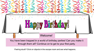 Screen shot of the Birthday-topia escape room (Links to full escape room)