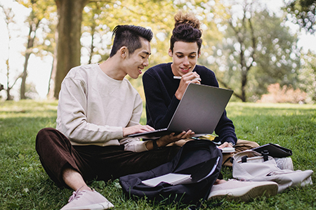 Two young people use a laptop outside on the grass (Links to Continuing Education support page)