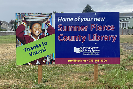 Sign indicating the new home of the Sumner Library