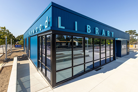 Blue building housing interim Lakewood Library